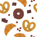 Seamless pattern Croissant with chocolate and nuts pretze vector illustration